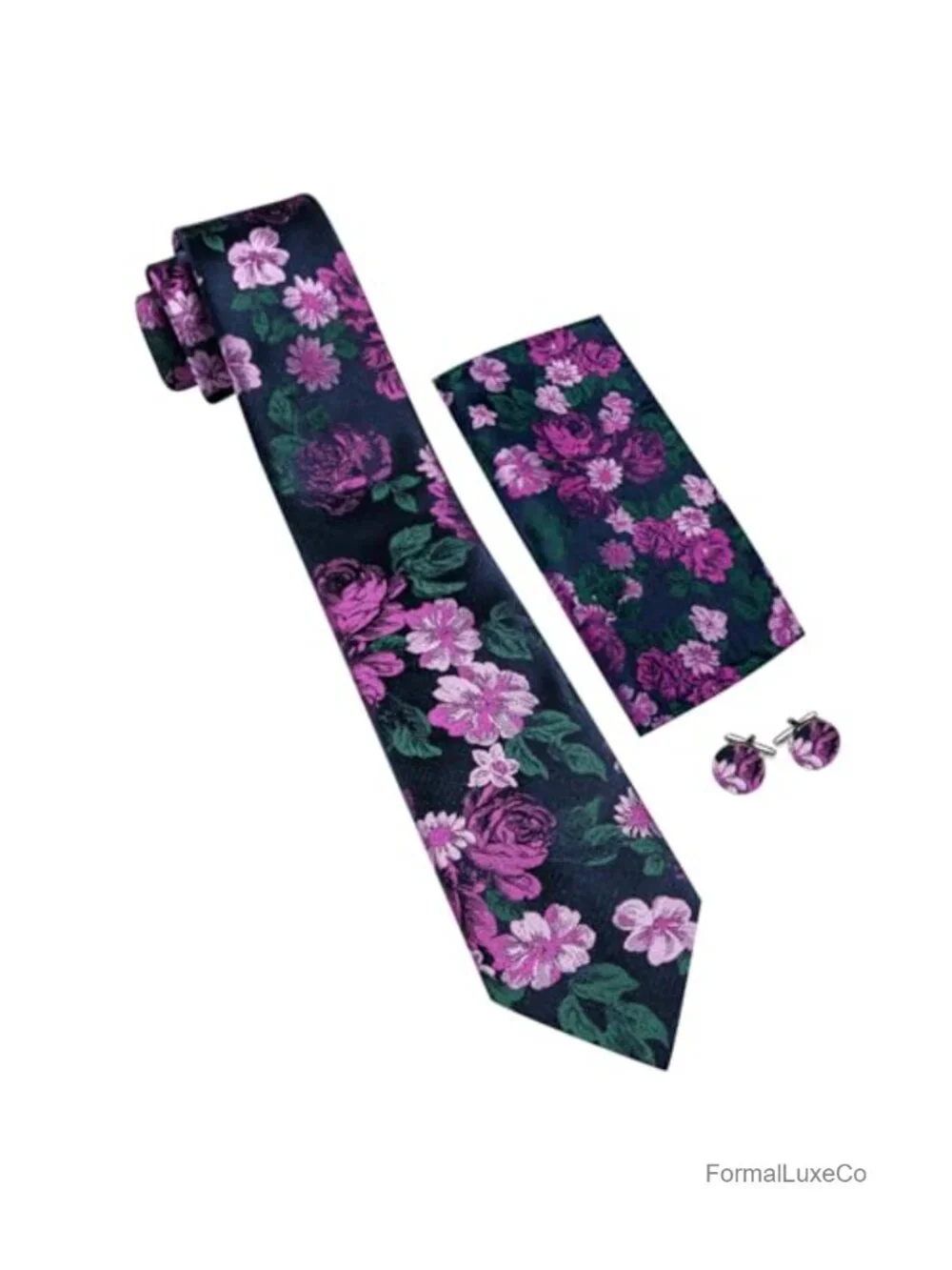 Men's Silk Tie Cufflinks Pocket Square Set Floral (No colors)